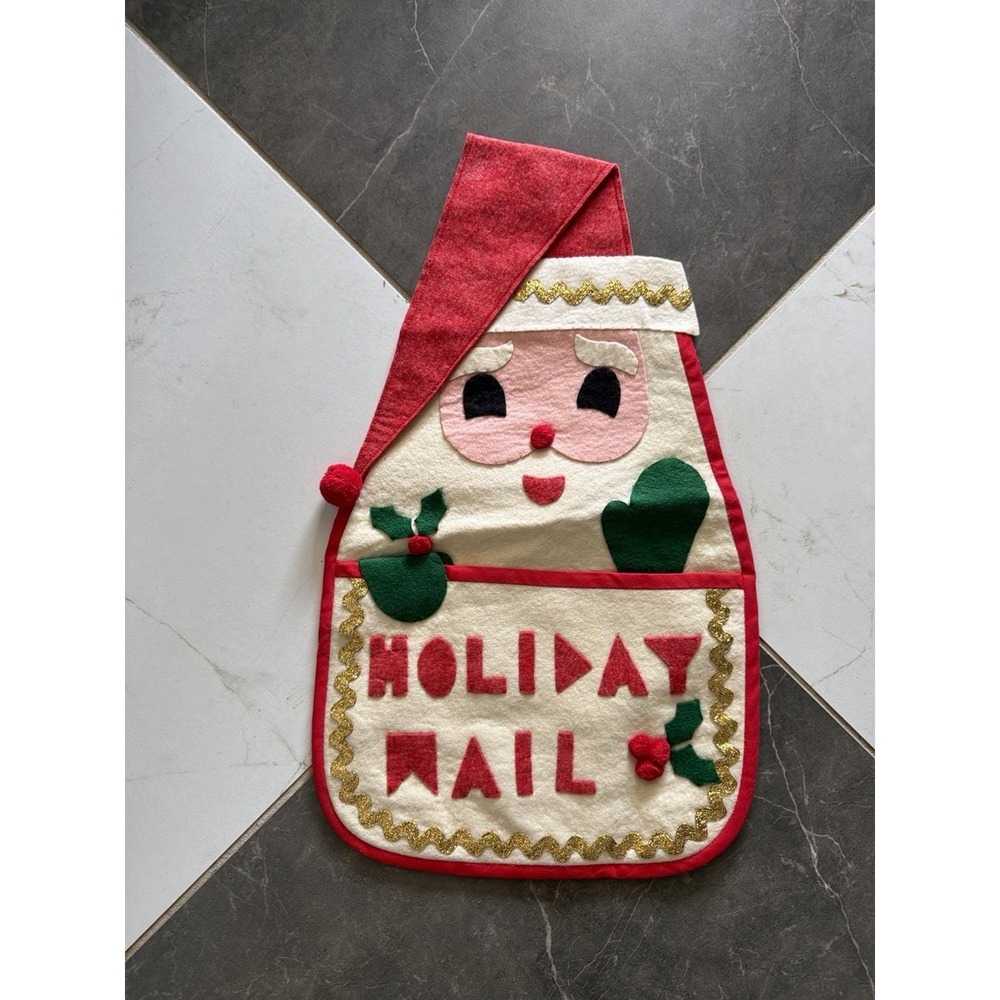VTG Felt Santa Holiday Mail Wall Hanging Christmas Card Holder MCM Kitsch Decor